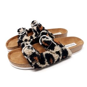 NWOT Steve Madden Connected Faux Fur Leopard Slide Footbed Sandals Womans Size 9